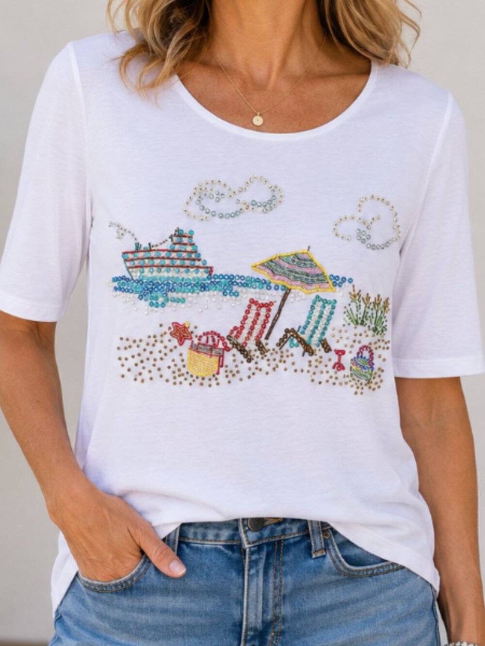 NEW Quacker Factory Womens Cruise Beach Beaded White COTTON 3/4 Sleeve Top, M